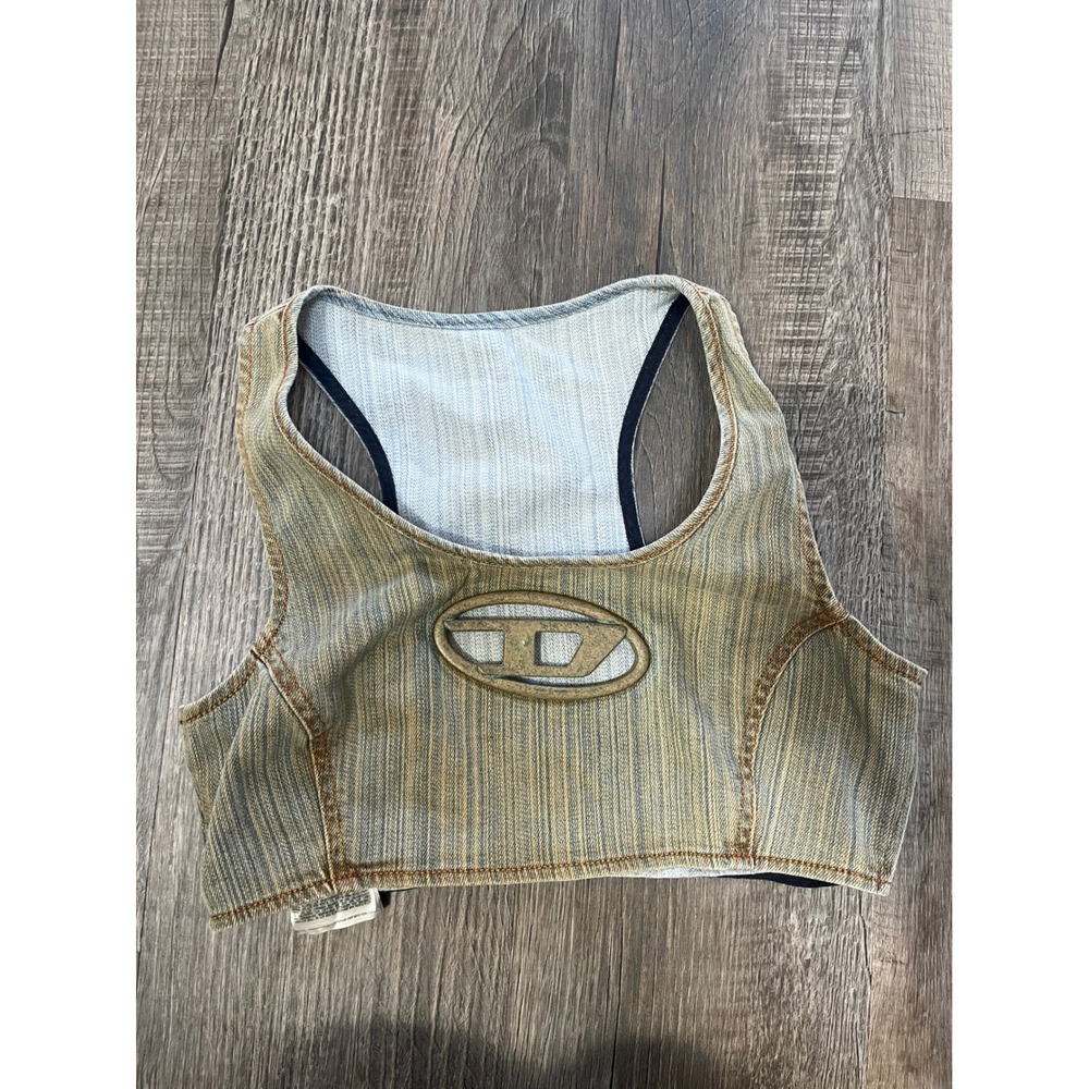 Diesel DE-TOP-FSD Denim Crop Top Metal D Logo Plaque Dirty Wash Small A11639